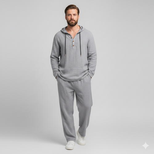 Men’s Casual Linen Hooded Two-Piece Set