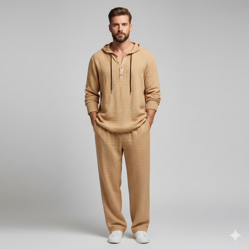Men’s Casual Linen Hooded Two-Piece Set