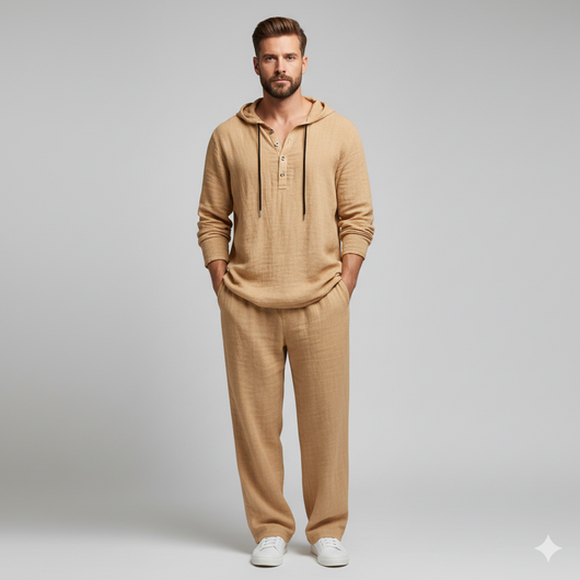 Men’s Casual Linen Hooded Two-Piece Set