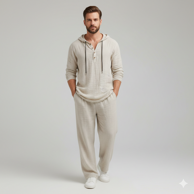 Men’s Casual Linen Hooded Two-Piece Set