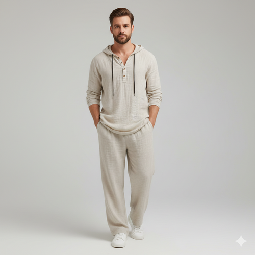 Men’s Casual Linen Hooded Two-Piece Set