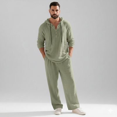 Men’s Casual Linen Hooded Two-Piece Set