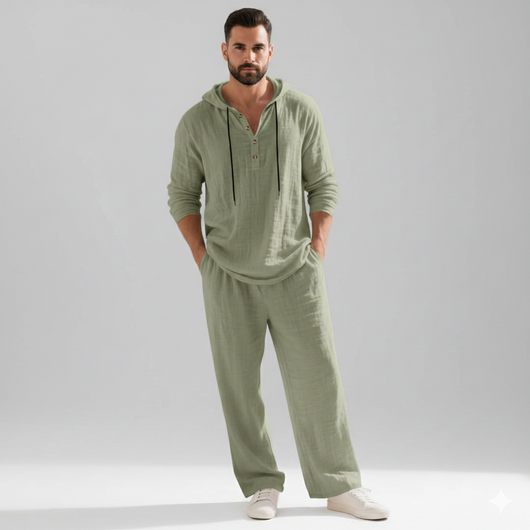Men’s Casual Linen Hooded Two-Piece Set