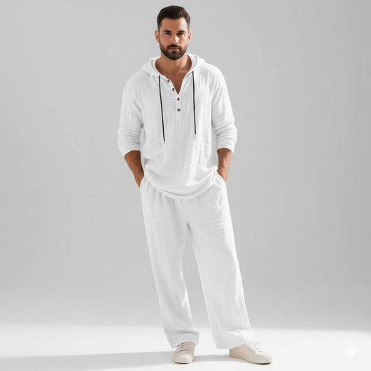 Men’s Casual Linen Hooded Two-Piece Set