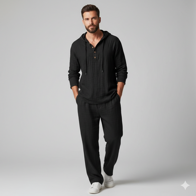 Men’s Casual Linen Hooded Two-Piece Set