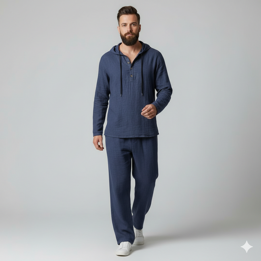 Men’s Casual Linen Hooded Two-Piece Set